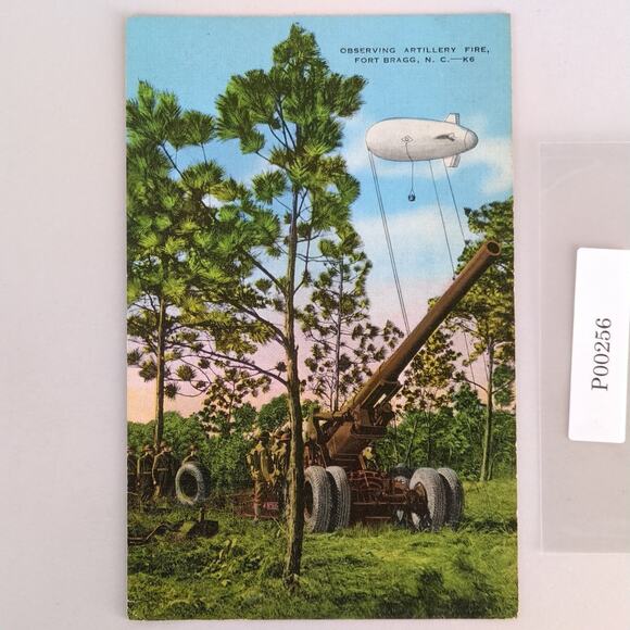 Vintage Linen Postcard 1943 Fort Bragg NC Observing Artilllery Fire Army Blimp - Picture 1 of 2